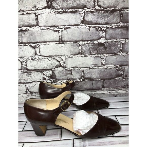 Silvia Florentina Brown Patent Leather Mary Jane Strap Heels Women Sz 9M US/40EU - Picture 6 of 16